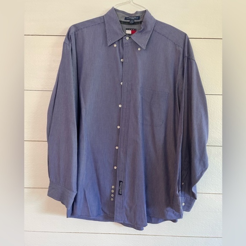 Tommy Hilfiger Blue & White Stripe Long Sleeve Button Down Shirt Size 17 34-35